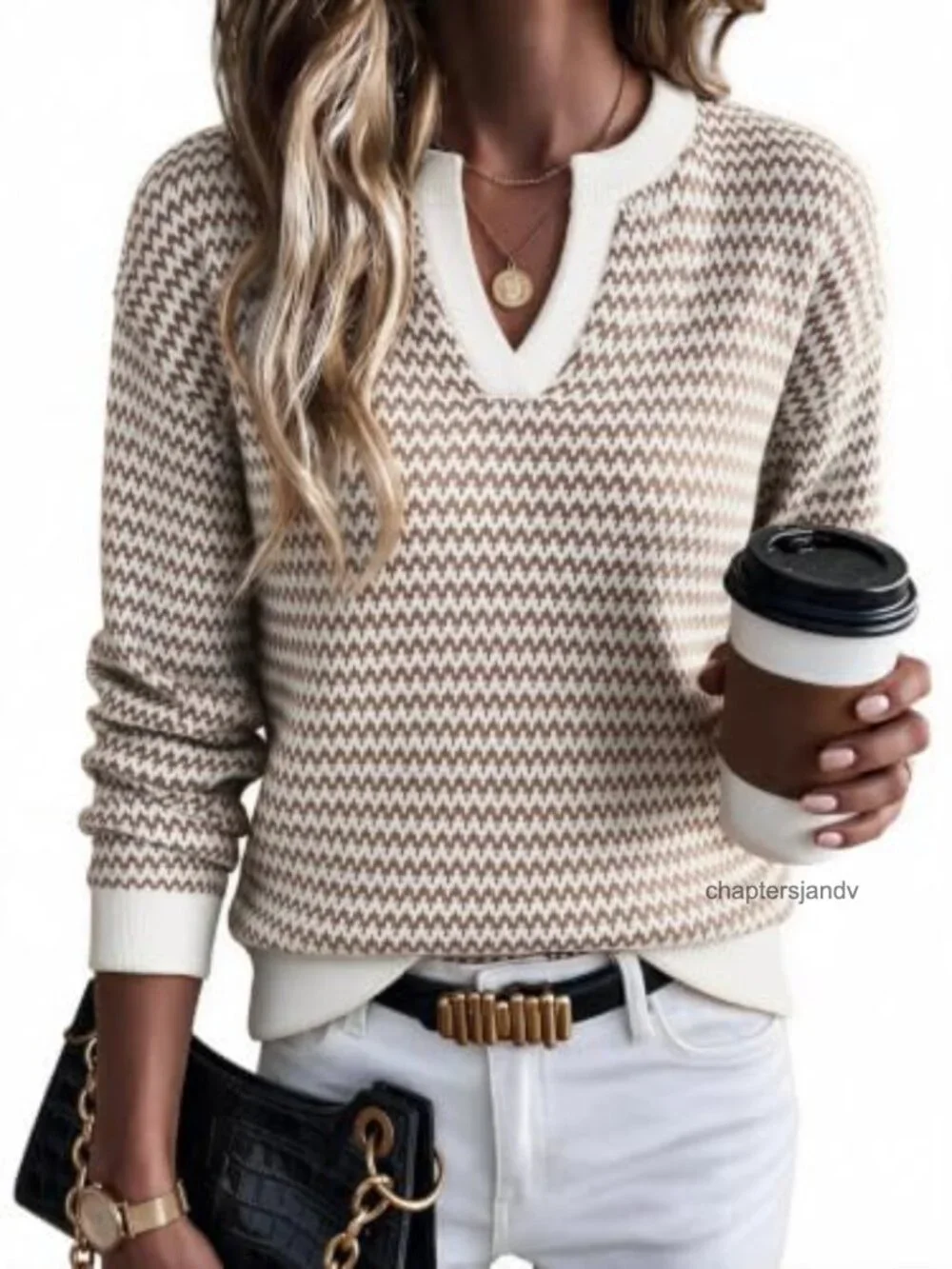 Polo V-Neck Long Sleeve Striped Pullover Sweater Breathable Cotton Top